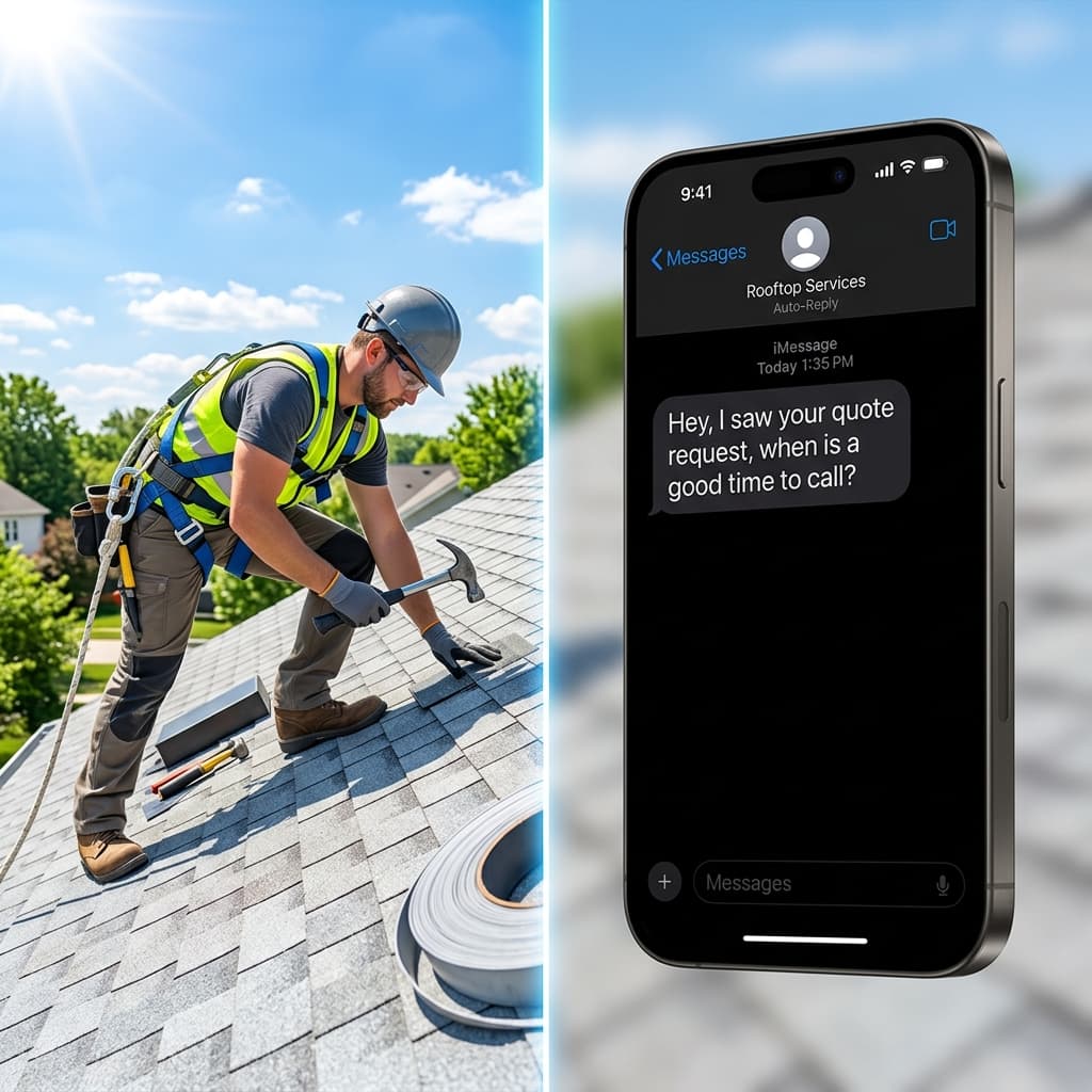 Marketing representation showing a roofer on a rooftop and a smartphone displaying lead auto-response message